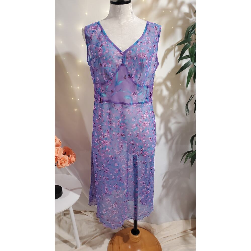 VTG Believe Y2K Sheer Floral Babydoll Midi Dress Size 10 Fairy Whimsy Romance